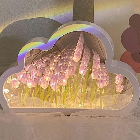 Cloud Mirror Tulip Lamp, Simulation Flower Bedroom Sleeping Table Lamp, Hand Craft DIY Tulips Mirror Night Light, Night Light for Bedroom,Creative Living Room Bedside Desktop Ornaments Girls (Purple)